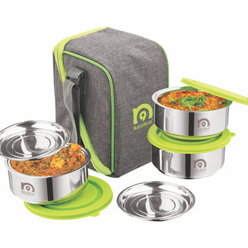 NanoNine Tiffiny Small Pro 375 ml X 3 Double Wall Insulated Stainless Steel Lunch Box.